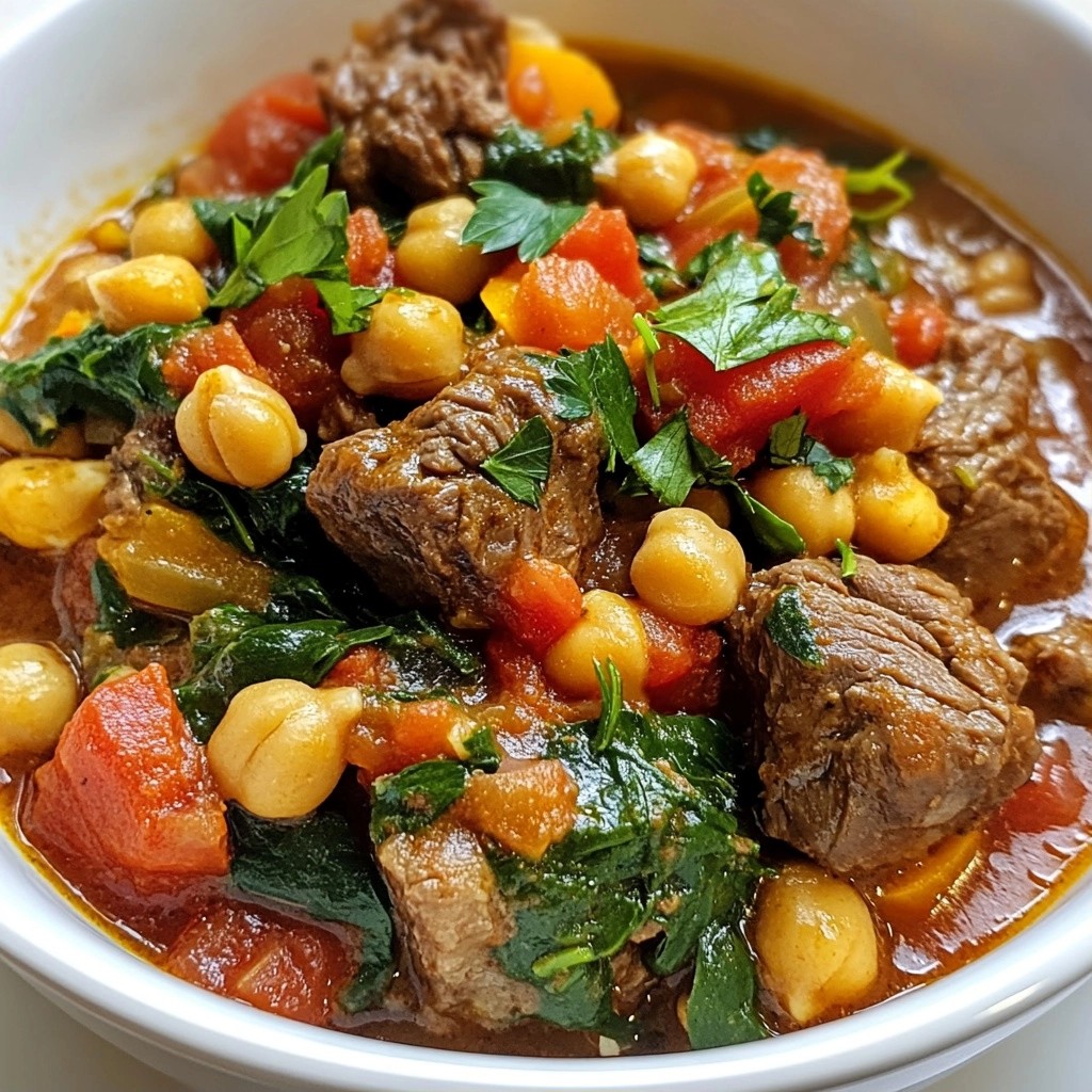 Savory Beef and Chickpea Stew with Spinach Delight